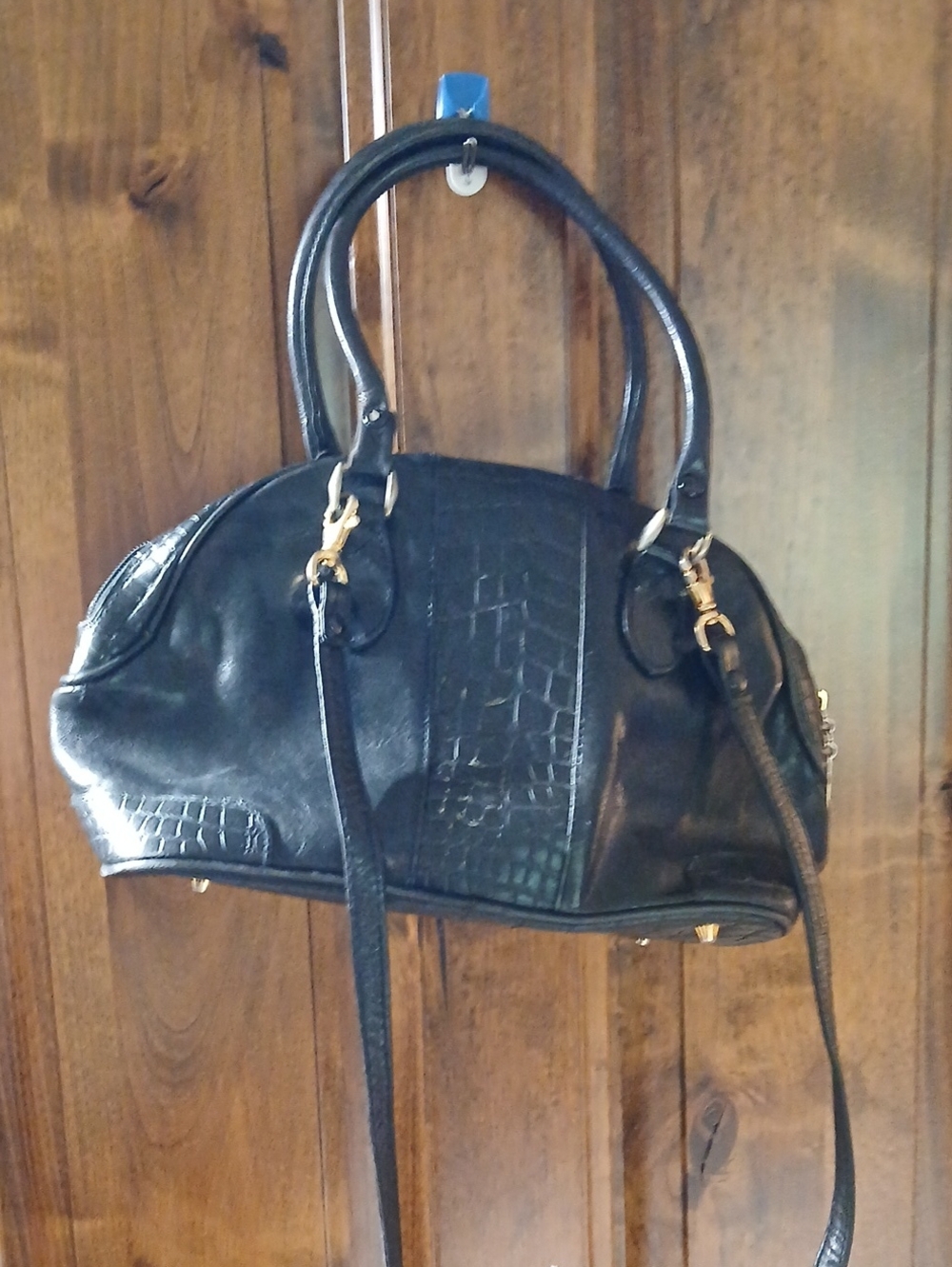 Black Structured Satchel Handbag with Croc Texture